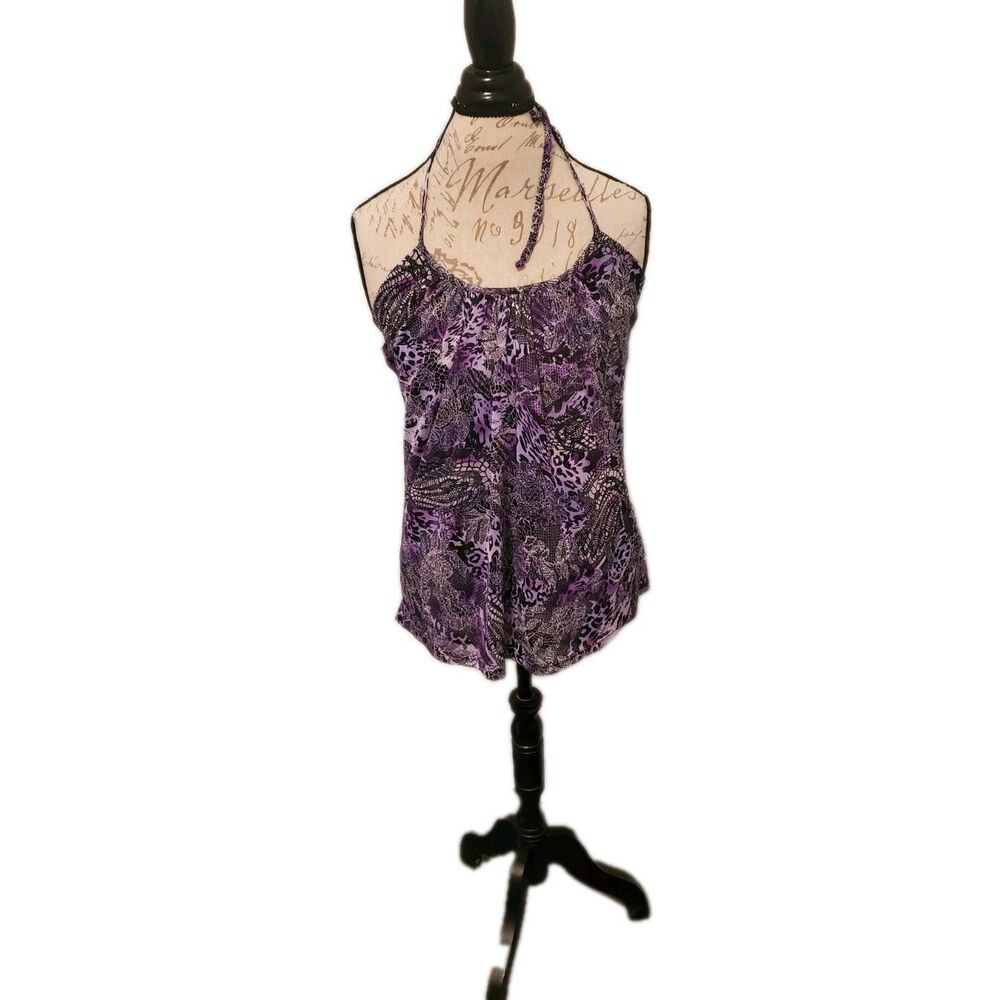 Vintage Y2K IZ Byer Lrg Purple Black Halter Butterfly Animal Print Indie Sleaze